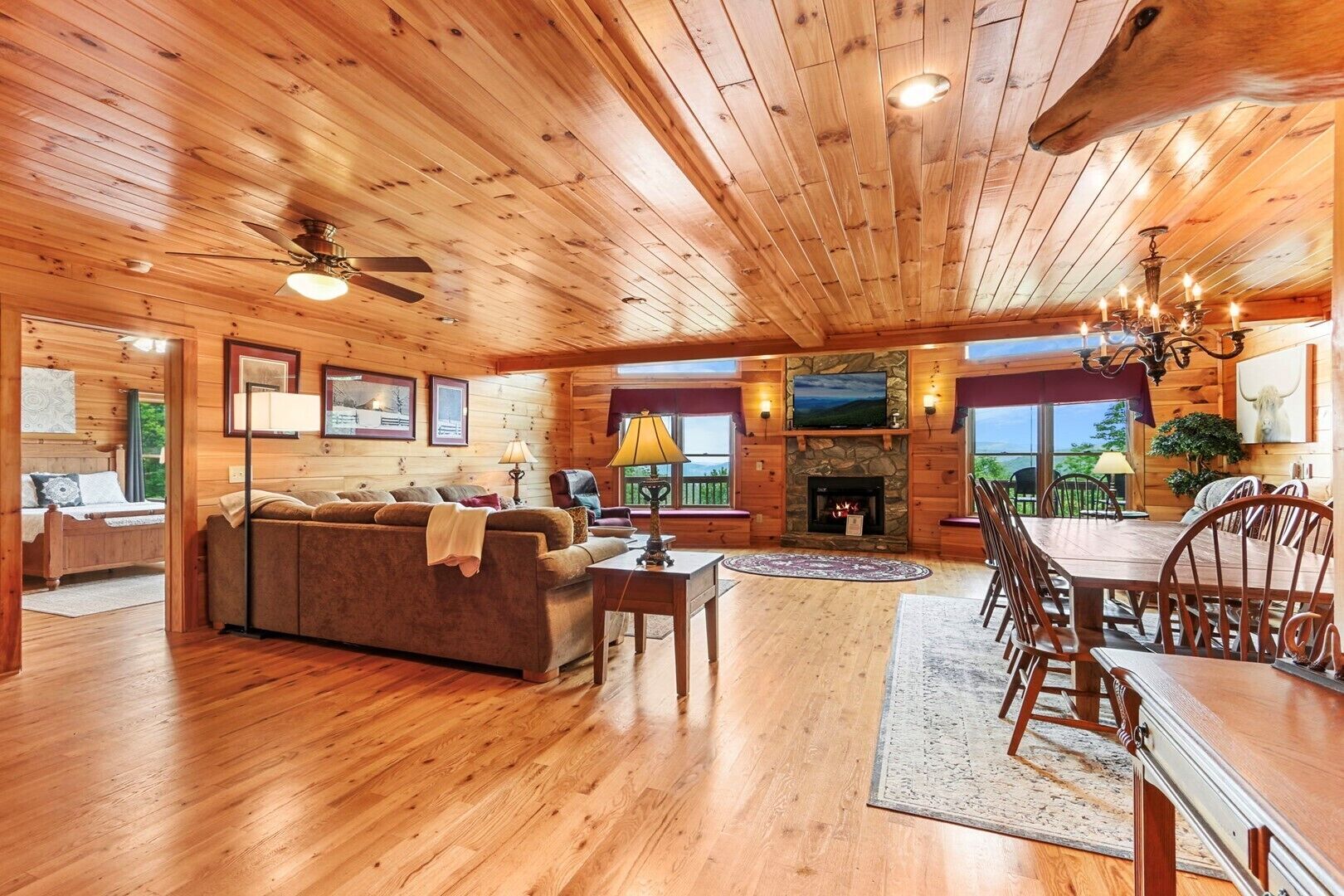 Flat-screen TV, fireplace, books