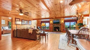 Flat-screen TV, fireplace, books