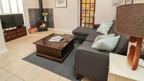 Un salon avec une cheminée, un canapé, une table basse et un téléviseur.