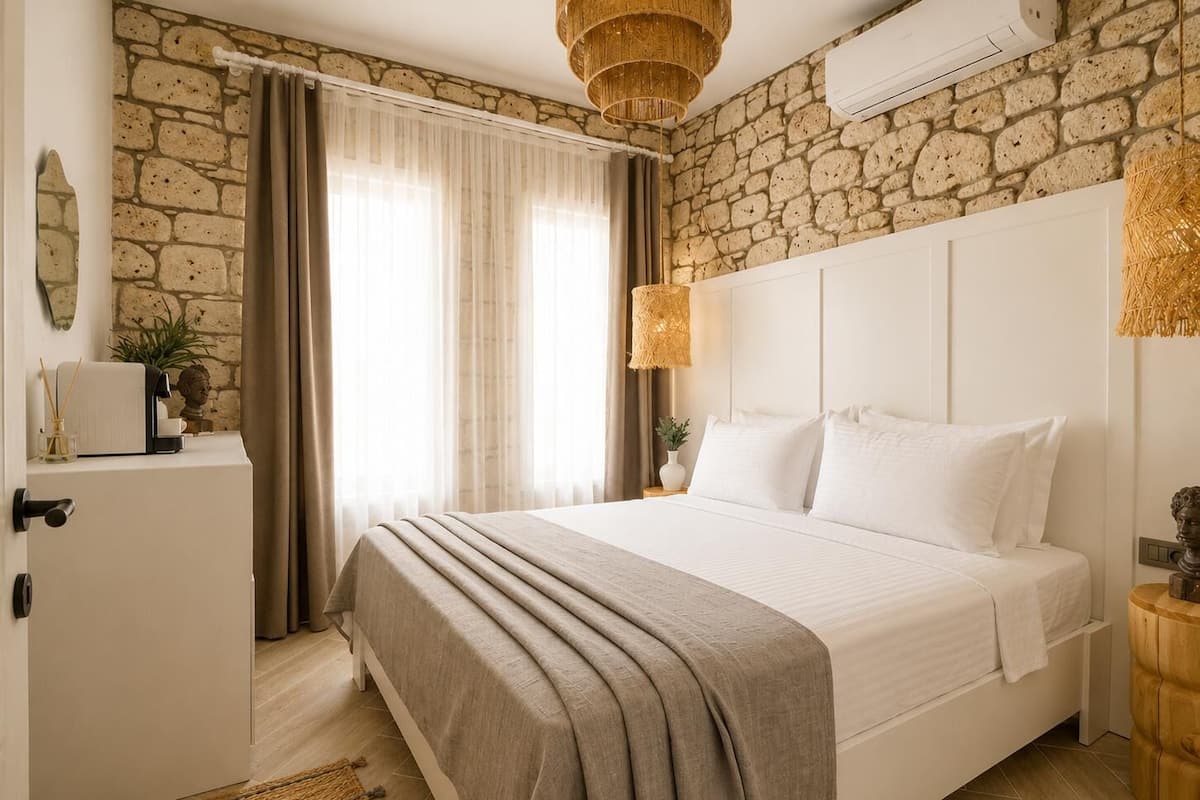Un dormitorio con pared de piedra, una cama con ropa blanca, una mesita de noche con lámpara y un pequeño armario.