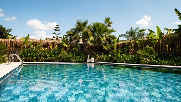 Une piscine d’eau cristalline, entourée d’une végétation tropicale et de constructions aux toits de chaume.