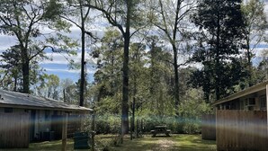Ein von einer Hecke umgebener Garten mit Picknicktisch, ein Gebäude mit geneigtem Dach und hohe Bäume.