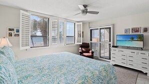 Un dormitorio con cama, televisión y vista a la playa.