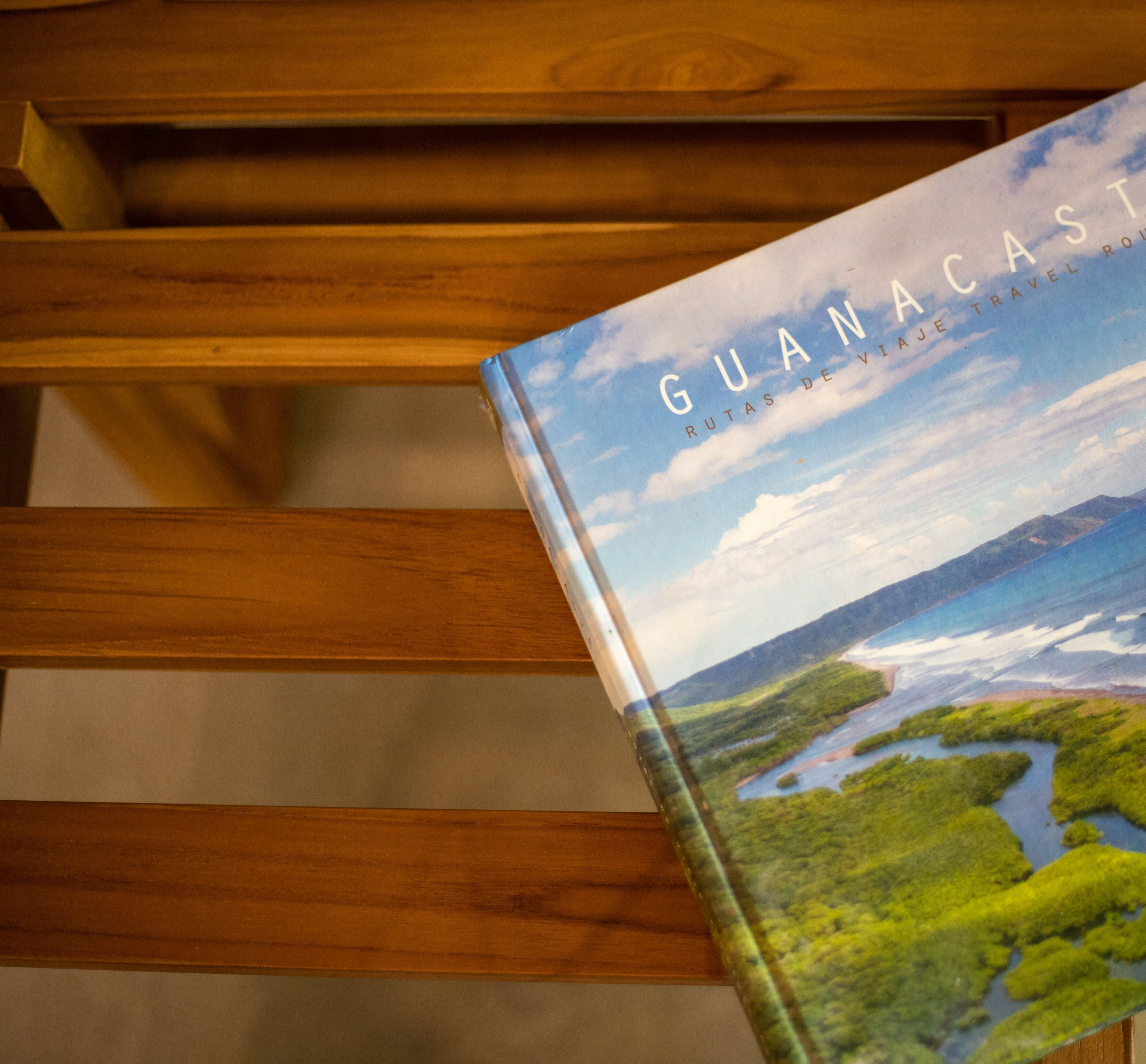 Un libro titulado 'Guanacas' con una portada que muestra un paisaje, sobre una superficie de madera.