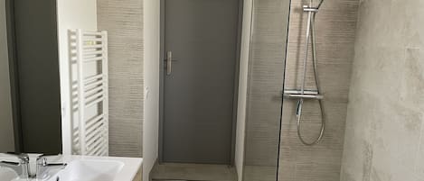 Shower, hair dryer, towels