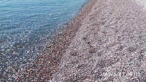 Een kiezelstrand met helderblauw water en een verre kustlijn.