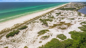 Un paysage côtier avec une plage de sable et une végétation verdoyante.