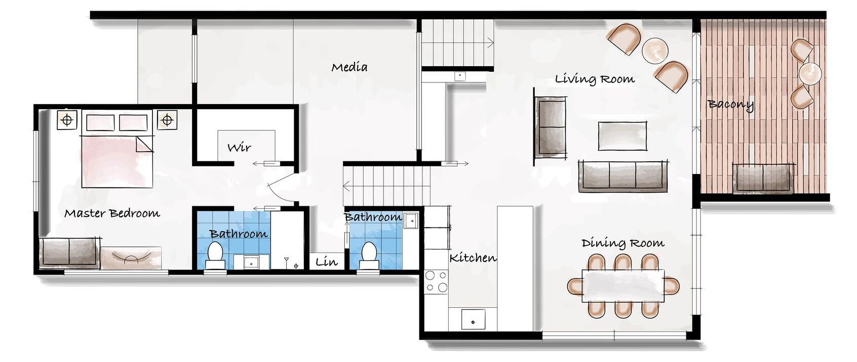 Een plattegrond van een hotel met een hoofdslaapkamer, bijbehorende badkamer, keuken, eetkamer, woonkamer en een klein balkon.