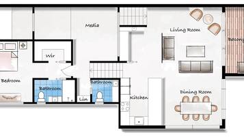 Een plattegrond van een hotel met een hoofdslaapkamer, bijbehorende badkamer, keuken, eetkamer, woonkamer en een klein balkon.