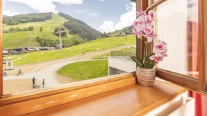 A view from a window with a vase of pink orchids on a wooden ledge. - Appartements Bernhofer  (Saalbach-Hinterglemm)