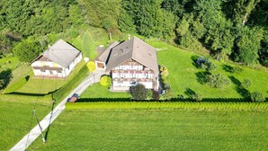 Vue aérienne d’un chalet à deux étages, doté d’un toit en pente, entouré d’une pelouse bien entretenue et d’une forêt dense.