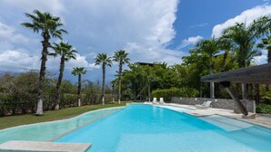 Une piscine rectangulaire à l’eau d’un bleu cristallin, entourée de palmiers et d’un mur de pierre.