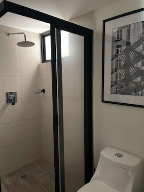 Shower, hair dryer, towels, shampoo