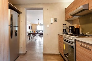Fridge, microwave, oven, stovetop