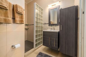 Douche, sèche-cheveux, serviettes fournies, papier toilette