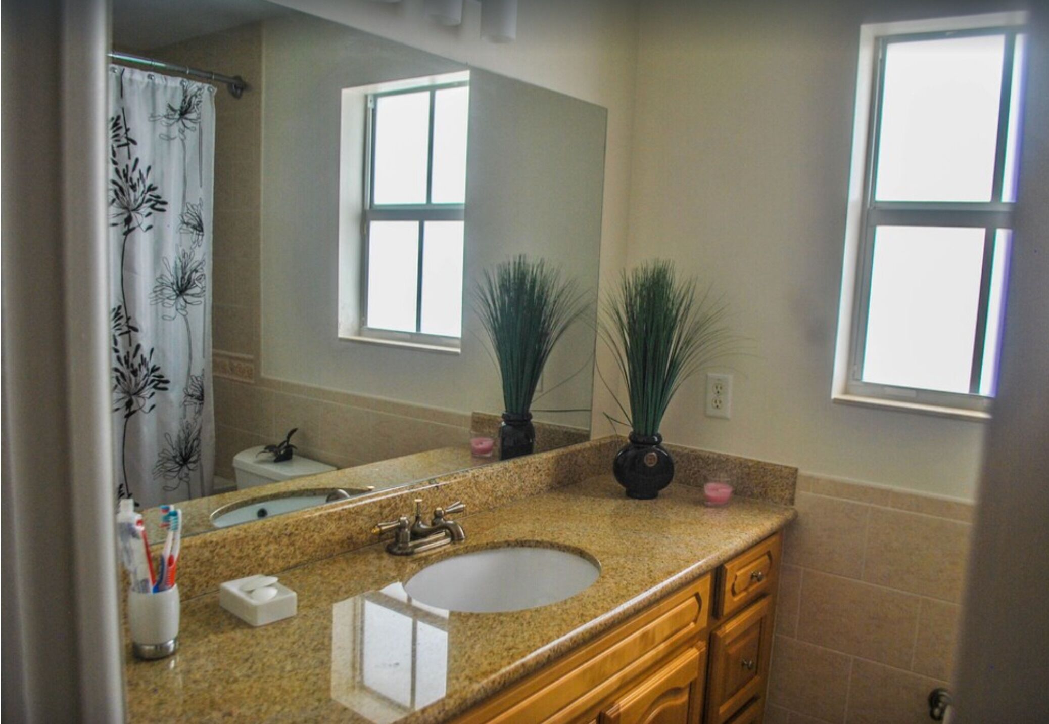 A bathroom with a granite countertop, a sink, a mirror, two potted plants, and a shower curtain with a floral pattern.