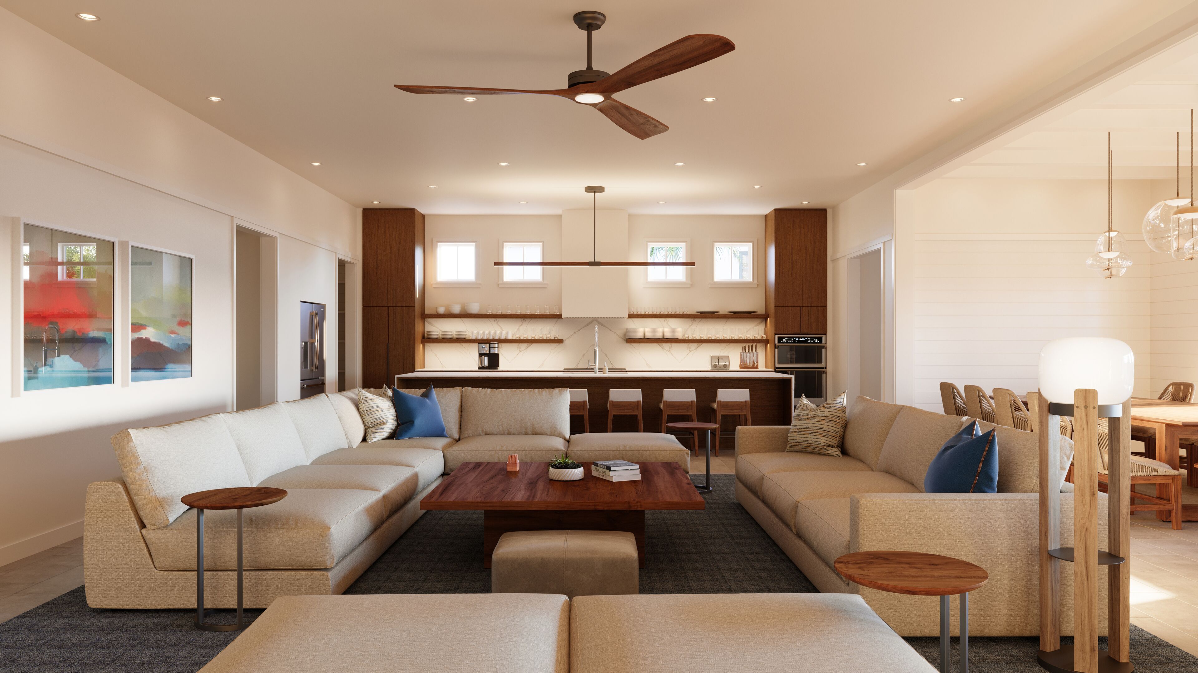A modern living room with a large sectional sofa, a wooden coffee table, and a ceiling fan.