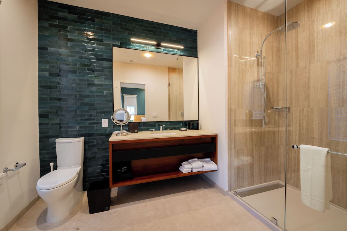A modern bathroom with a glass shower enclosure, a white toilet, and a vanity with a mirror.