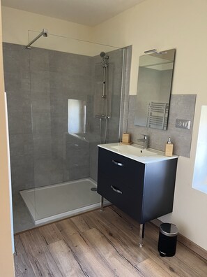 Combined shower/tub, hair dryer
