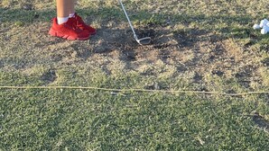 Eine Person in einem roten Hemd und Jeansshorts spielt Golf auf einem gepflegten Platz mit Blick auf entfernte Berge und Palmen.
