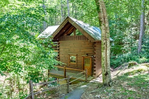 Escape to a secluded log cabin surrounded by a lush forest, perfect for a peaceful retreat.