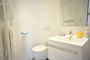 Dusche, umweltfreundliche Kosmetikartikel, Haartrockner, Handtücher