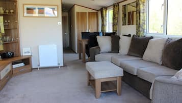 Älytelevisio, takka, DVD-soitin, kirjoja