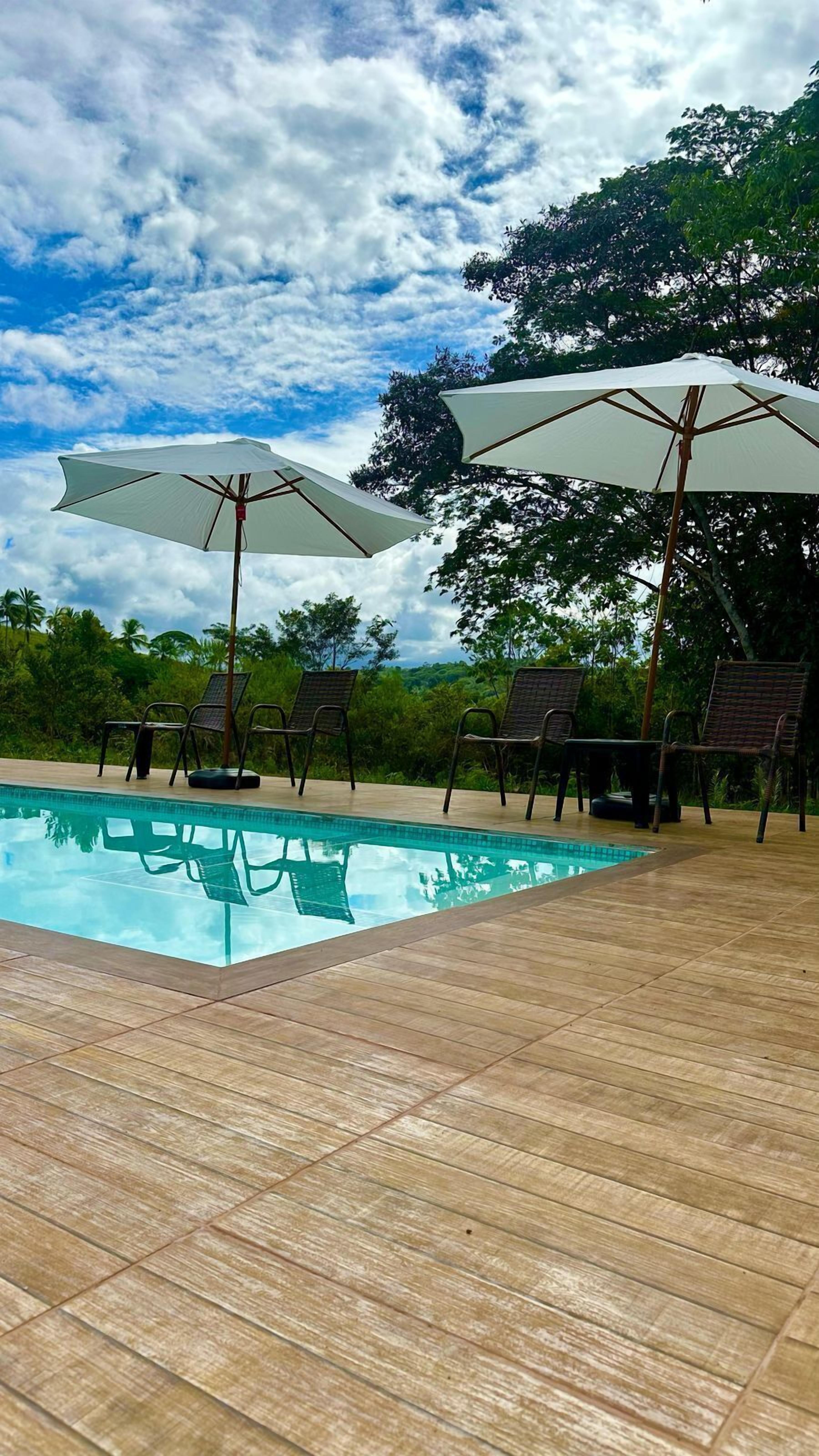 Outdoor pool, pool umbrellas, pool loungers