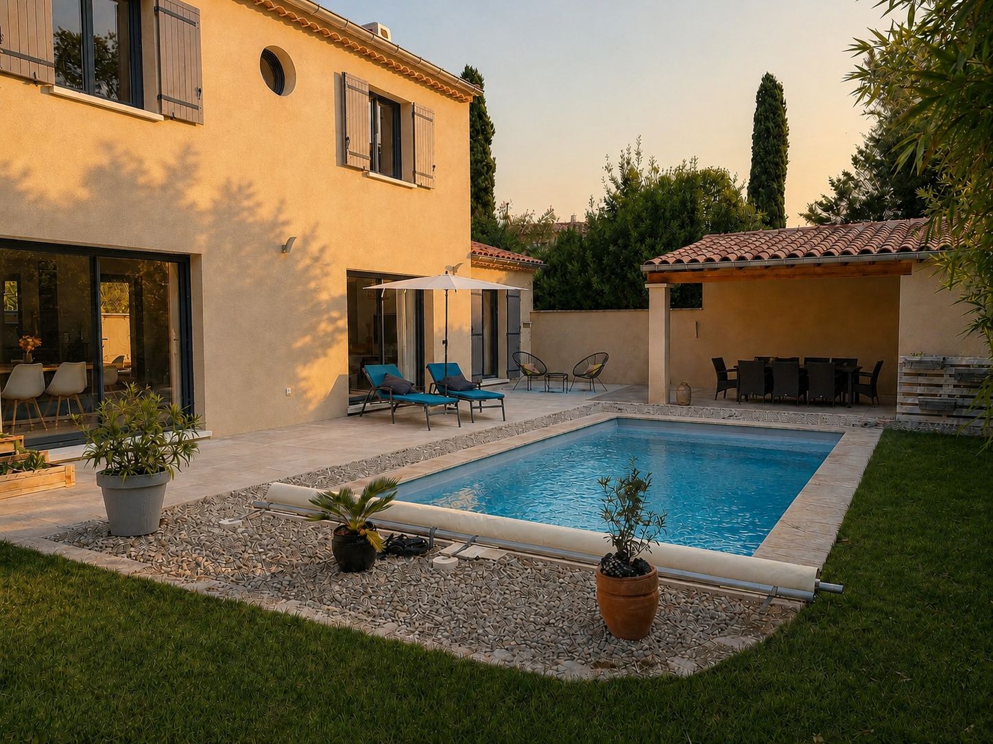 A pool area with lounge chairs, a covered seating area, and a building with large windows.