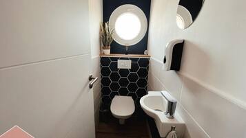 A compact WC with a round mirror, a small sink, and a potted plant.