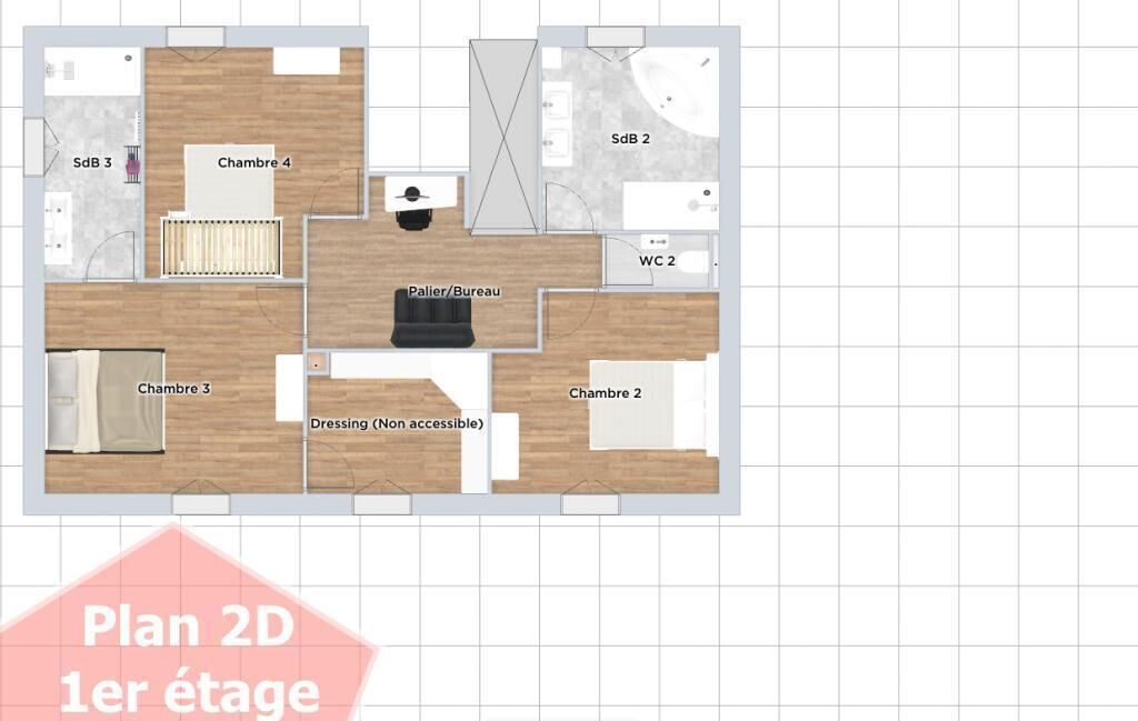 A 2D floor plan of a first-floor hotel with four bedrooms, a dressing area, a bathroom, and a sitting area.