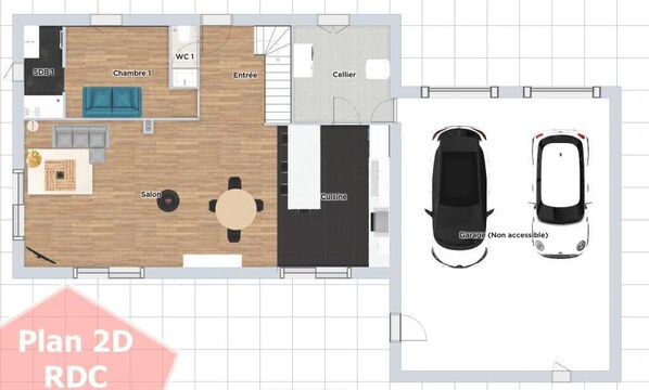 A 2D floor plan of a hotel with labeled rooms including a bedroom, bathroom, kitchen, dining area, and a non-accessible garage. - ☀︎ Quiet house - 5min from Cognac - 1/8 pers ☀︎ (Cherves-Richemont)