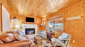 A cozy living room with a fireplace, leather sofa, and wooden walls. - Monteverde Getaway (Cabin 106) (Greer)
