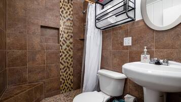 Shower, hair dryer, towels, shampoo