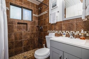 Regadera, secadora de cabello, shampoo 