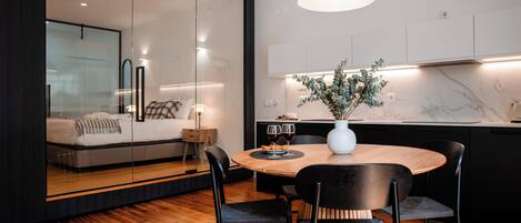 Design Apartment, 1 Bedroom, Balcony, City View | Private kitchen | Fridge, microwave, stovetop, dishwasher