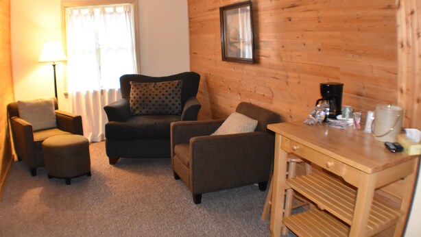 A cozy room with a wooden wall, a sofa, a chair, a small table with a coffee maker, and a lamp.