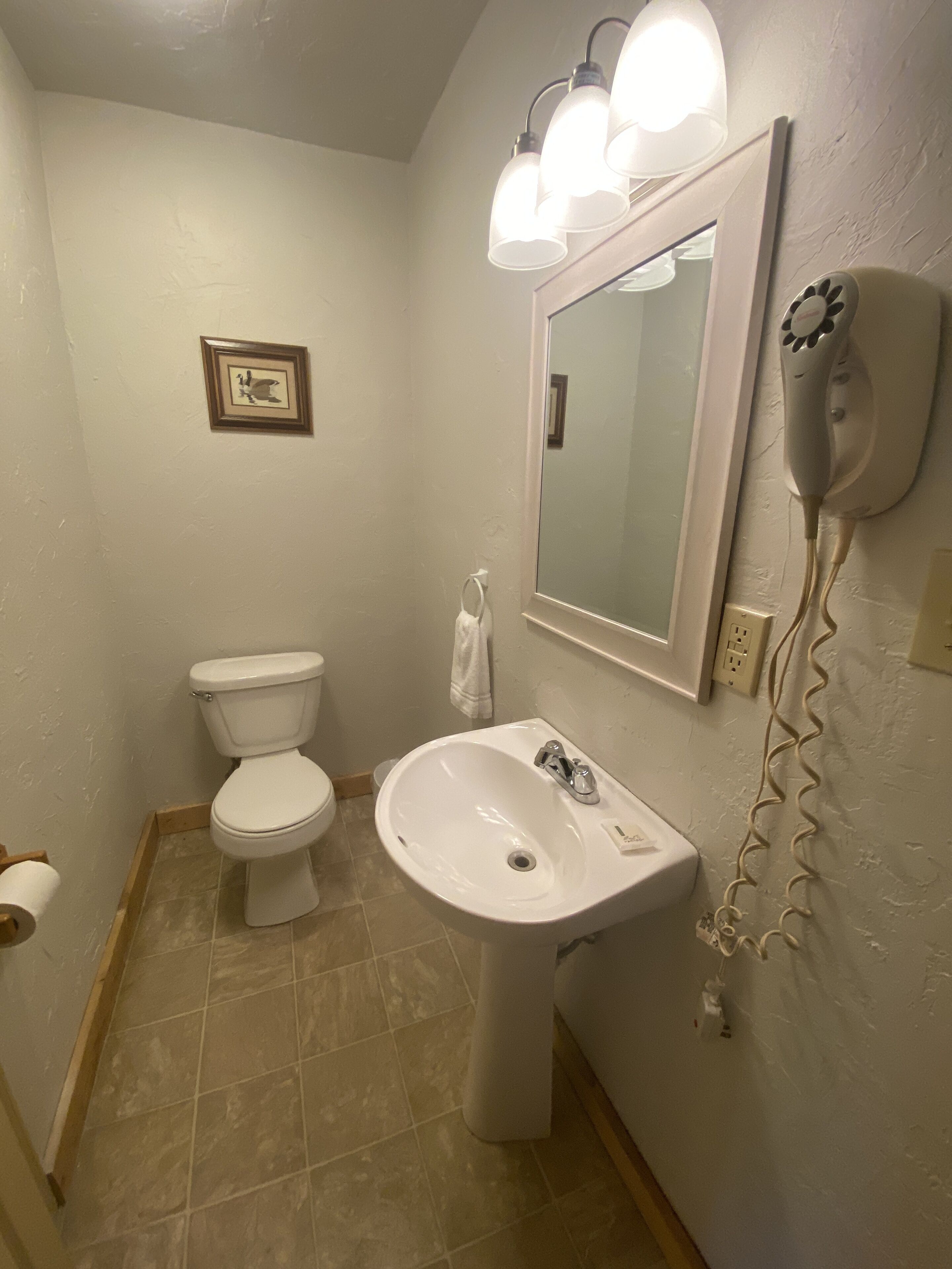 Un baño con inodoro, lavabo y secador de pelo fijado a la pared.