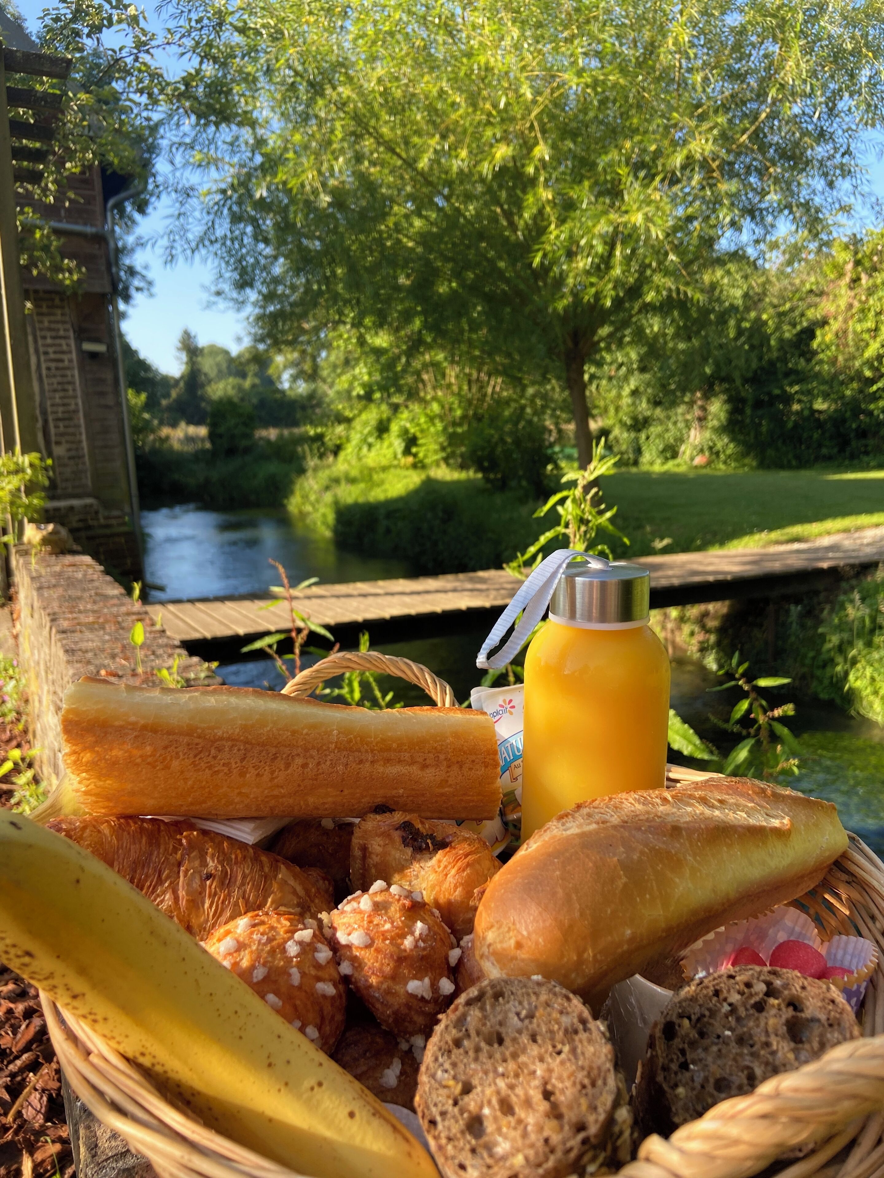 En korg med matvaror, inklusive bröd, en banan och en flaska juice, placerad utomhus med en flod och grönska i bakgrunden.