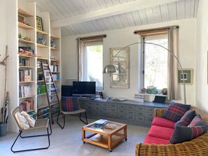 TV, DVD player, books, video library