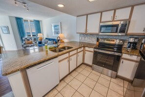 Fridge, microwave, coffee/tea maker, toaster