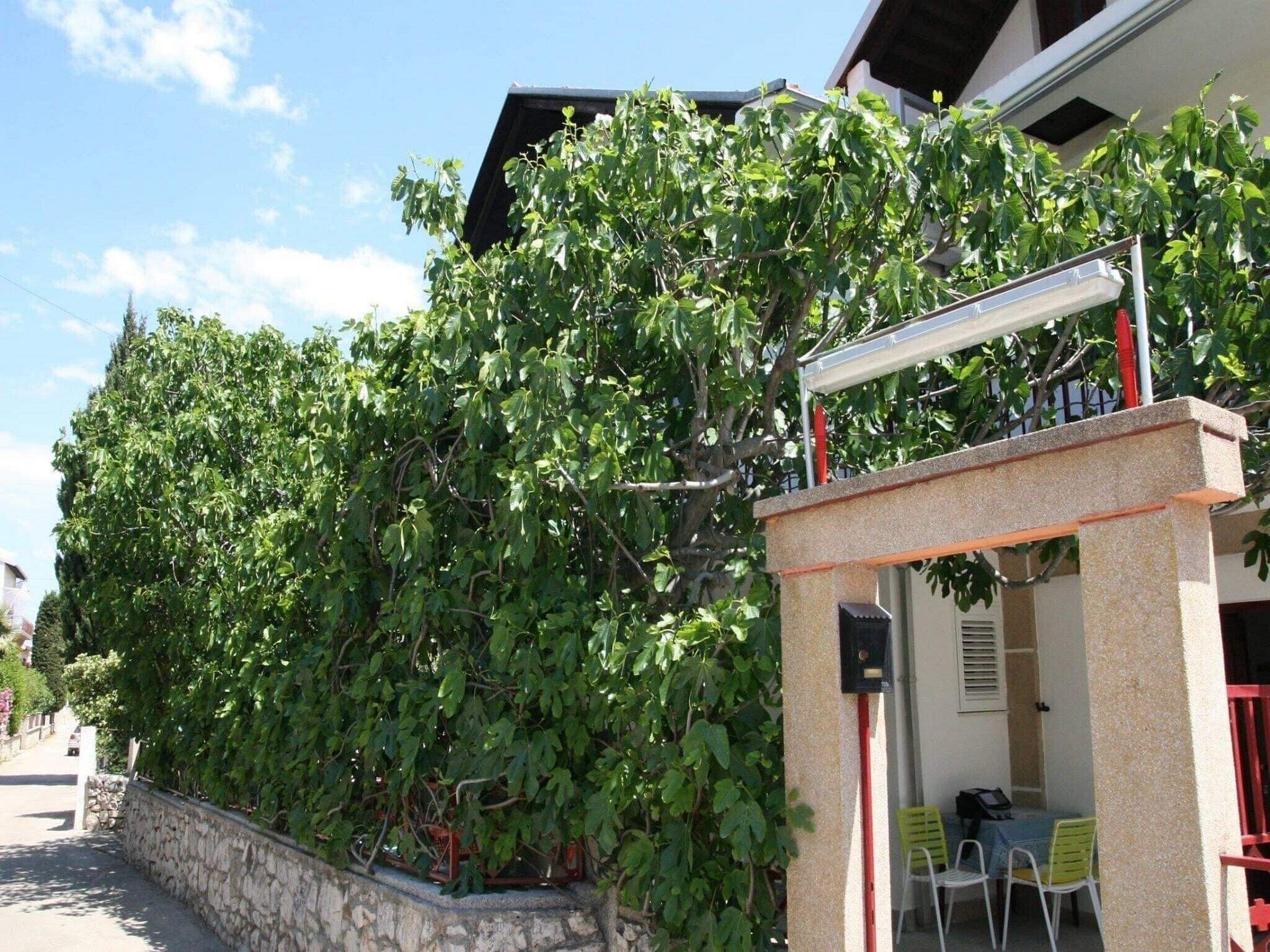 A building with a stone wall, a covered outdoor seating area with chairs, and a large tree in front.