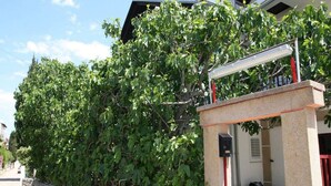 Un bâtiment doté d’un mur en pierre, d’un espace extérieur abrité avec des chaises, et d’un grand arbre à l’avant.