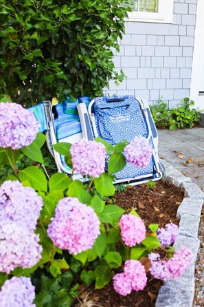 A garden with hydrangea flowers and a blue patterned chair. - Harbor Getaway Unit -1 (Harwich)