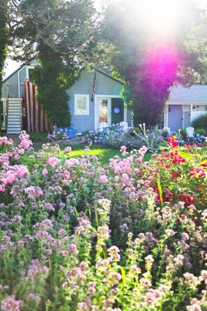 A residential property with a well-maintained garden, a small house, and a flag. - Harbor Getaway Unit -1 (Harwich)