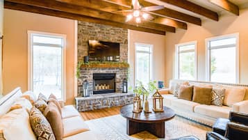 Smart TV, fireplace, books
