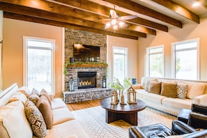 Smart TV, fireplace, books