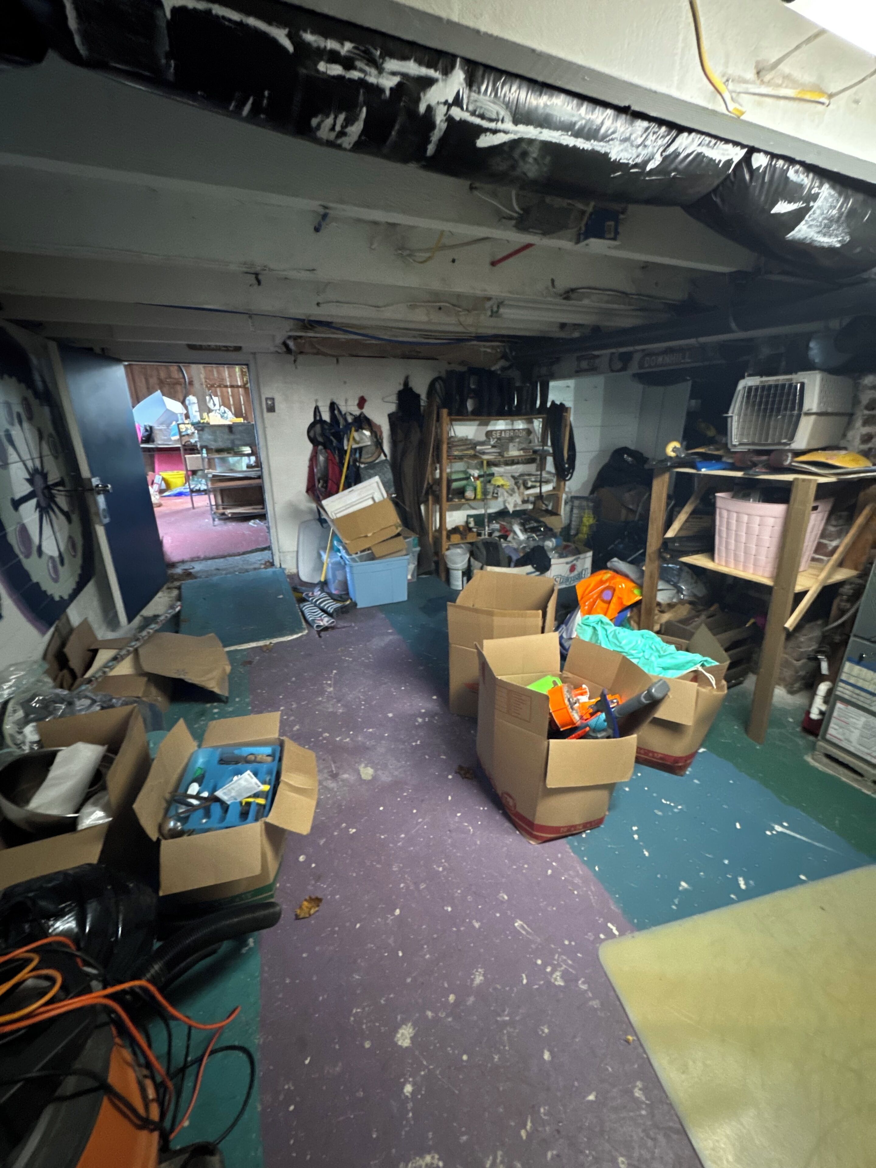A cluttered storage room with boxes, shelves, and various items.