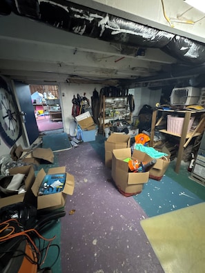 A cluttered storage room with boxes, shelves, and various items.