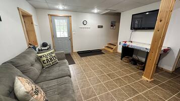 TV connectée, cheminée, livres, médiathÚque